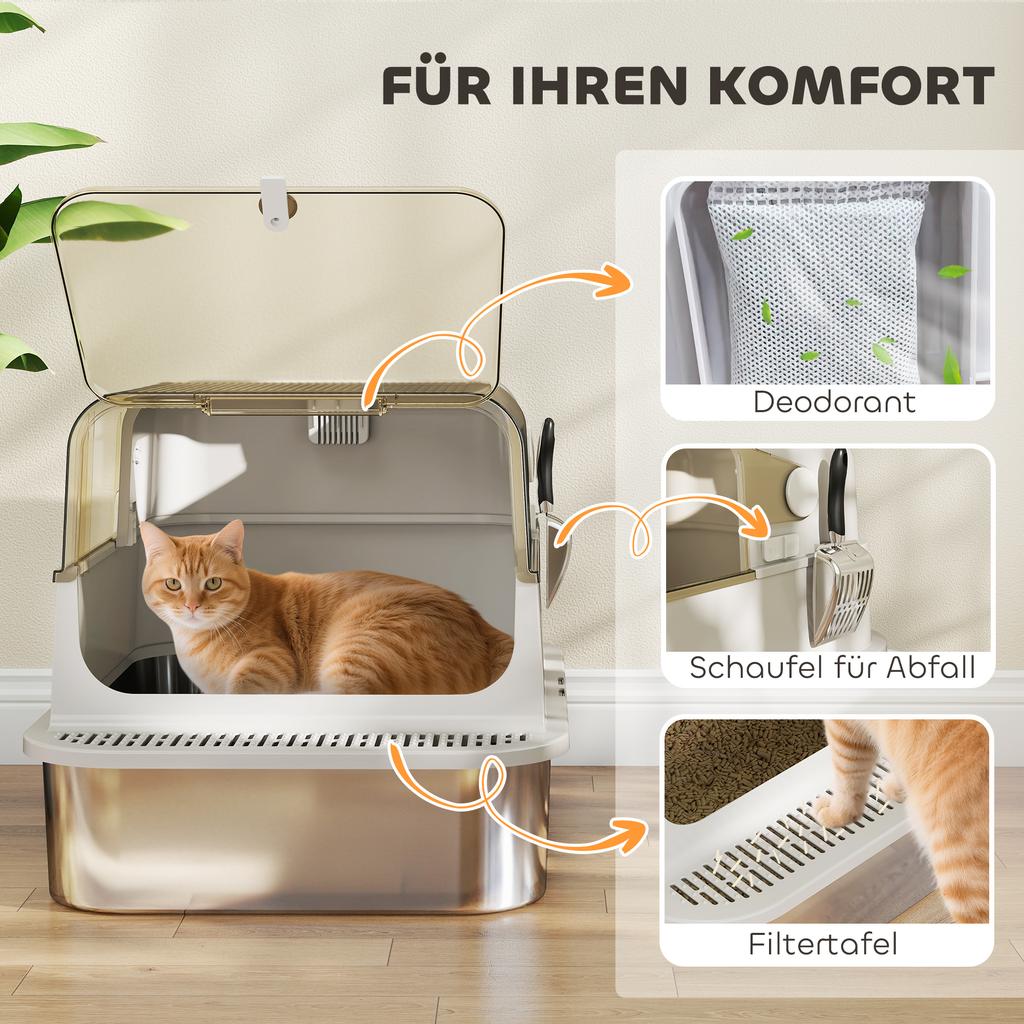 XXL Stainless Steel Cat Litter Tray, Enclosed Cat Litter Box with 90 degrees Flip Cover, Double Doors, Scoop, Easy Clean, Grey