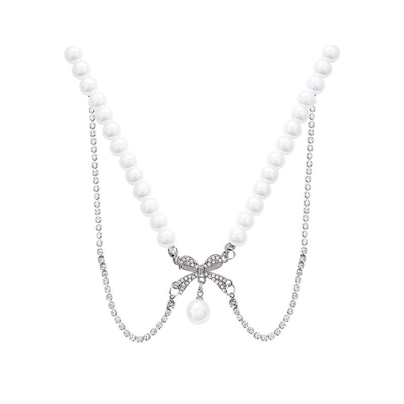 Xiaoxiangfeng French pearl necklace women's double-layer bow collarbone chain fashionable versatile neck chain with