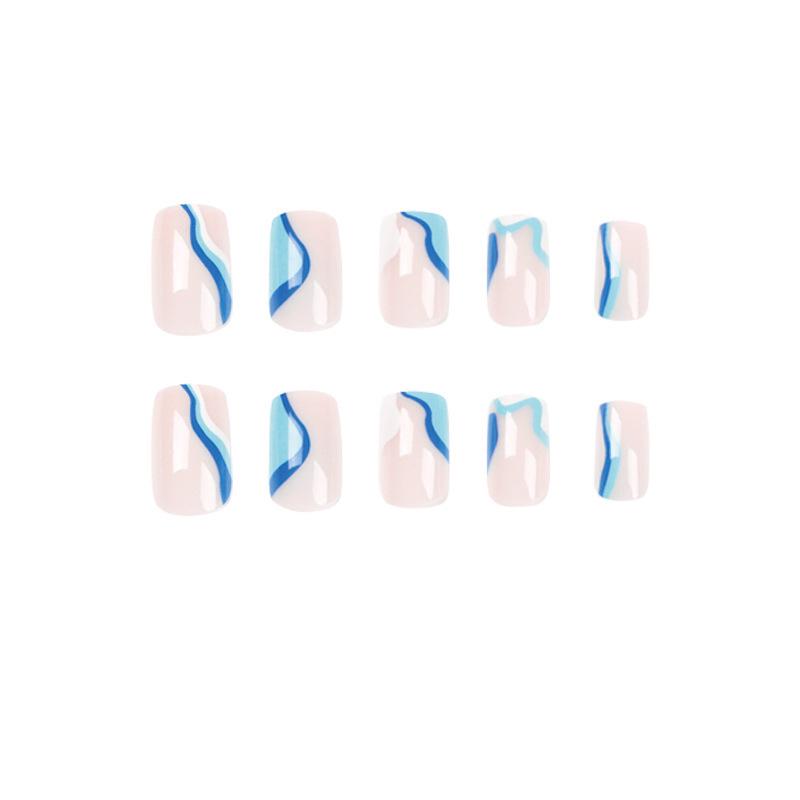 Wearable Wave Pattern Nail Tips - White & Blue, Medium-Long