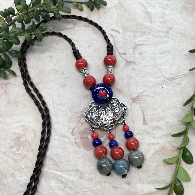 New Forest handmade ceramic necklace, women's retro versatile sweater chain simple long accessories pendant