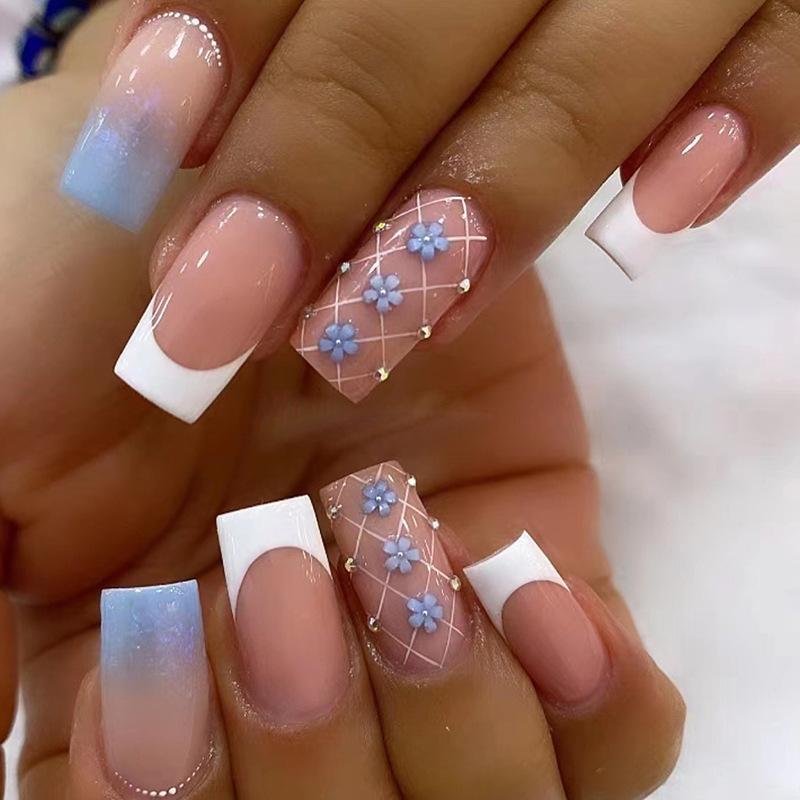 24Pcs Pink Flower Square Fake Nails With Glue Cute White Artificial Press On Acrylic Nails Wearable False Nails
