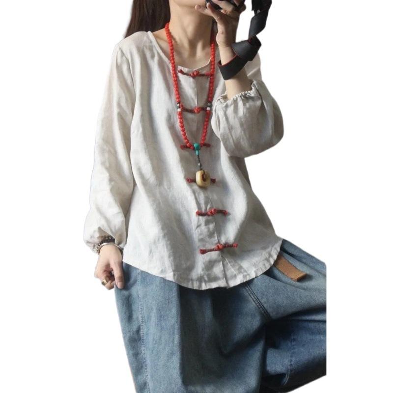 Solid Color Buttoned Cotton and Linen Shirt for Women Spring and Autumn New Style Plus Size Shirt Top