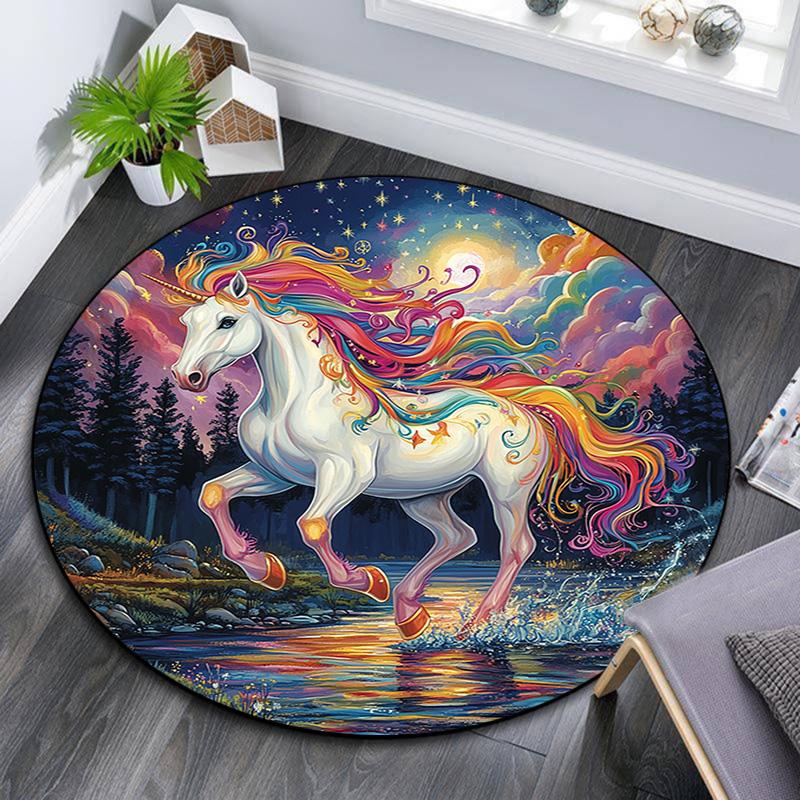 Fantasy Horse Round Area Rug,Carpet Rug for Living Room Bedroom Sofa Playroom Decor,Non-slip Floor Mat