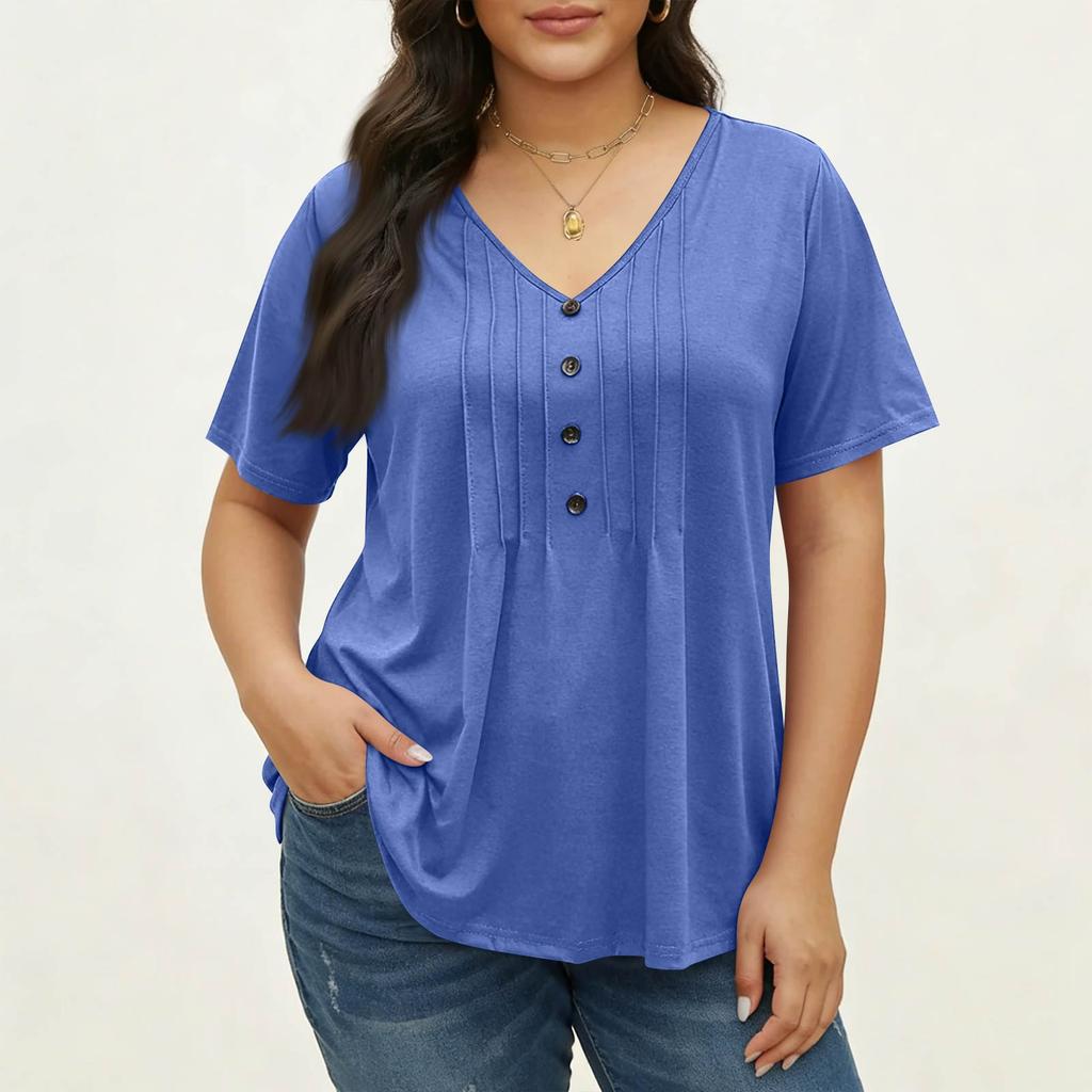 Women's Plus Size Fashionable Casual Loose-Fit V-Neck Button-Down Short-Sleeve Top