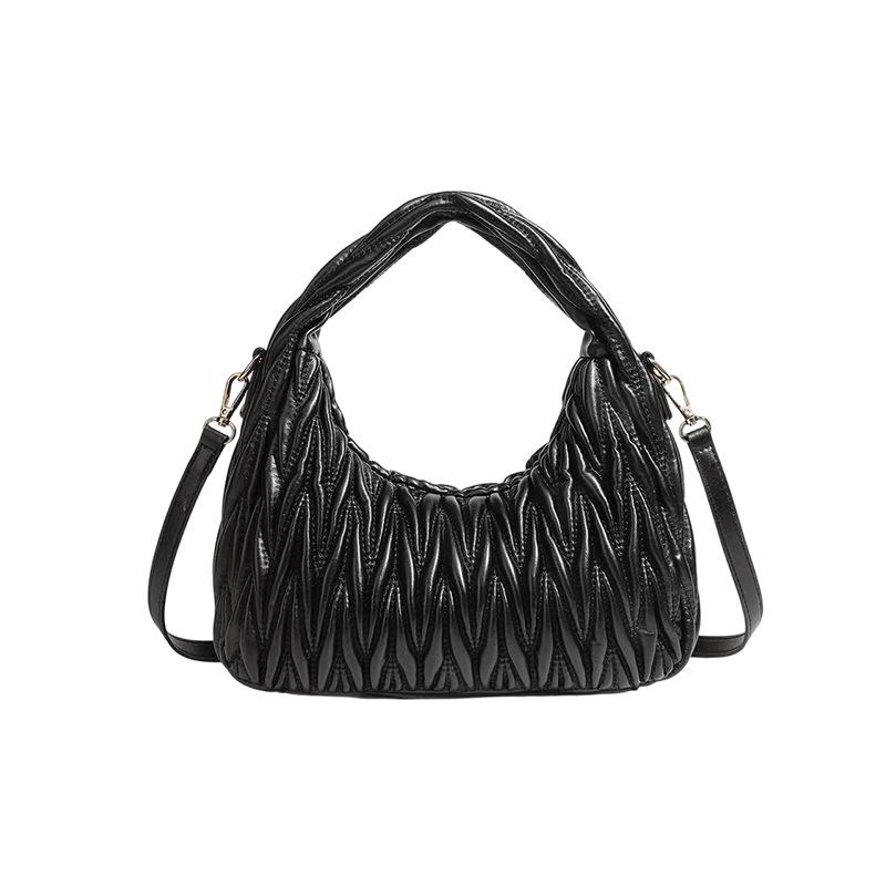 Women's Black 3D Pleated Crescent Crossbody Bag