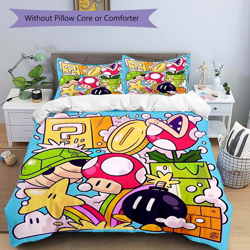 3pcs bedding set Mario Adventure Includes 1 Comforter + 2 Pillowcases, Without Pillow Inserts, Soft Comfortable, Lightweight Breathable, Pri