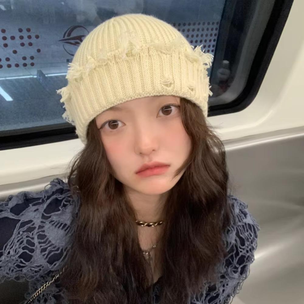 Solid Color Knitted Hat Dilapidated Hole Hip-Hop Hat New Beanie Cap Women Men