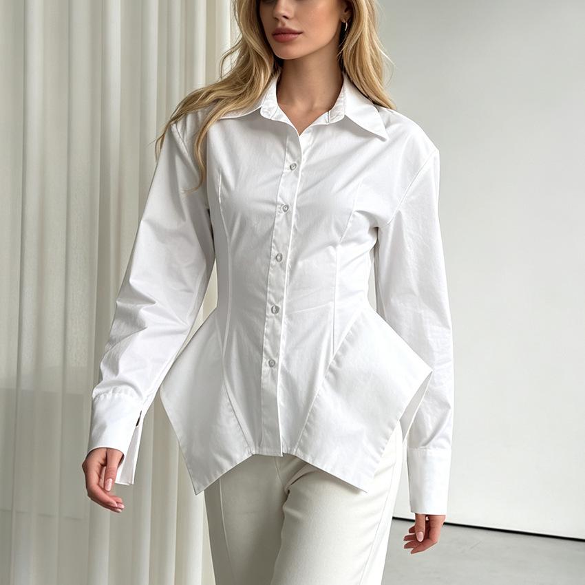 European and American shoulder padded pure cotton white shirt women's waist irregular hem niche design sense casual long-sleeved temperament shirt