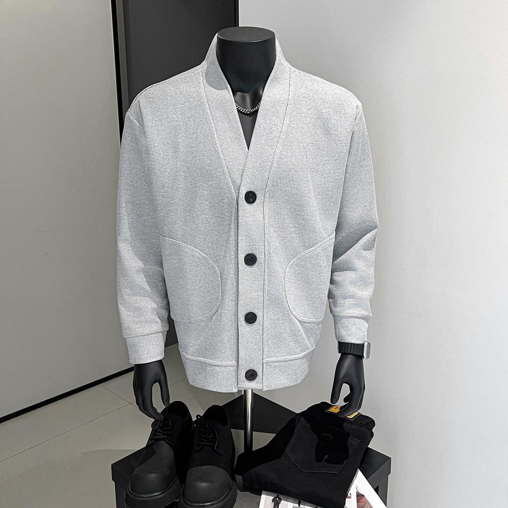 Simple fashion V-neck sweater men's 2025 new fashion men's waffle retro knitting
