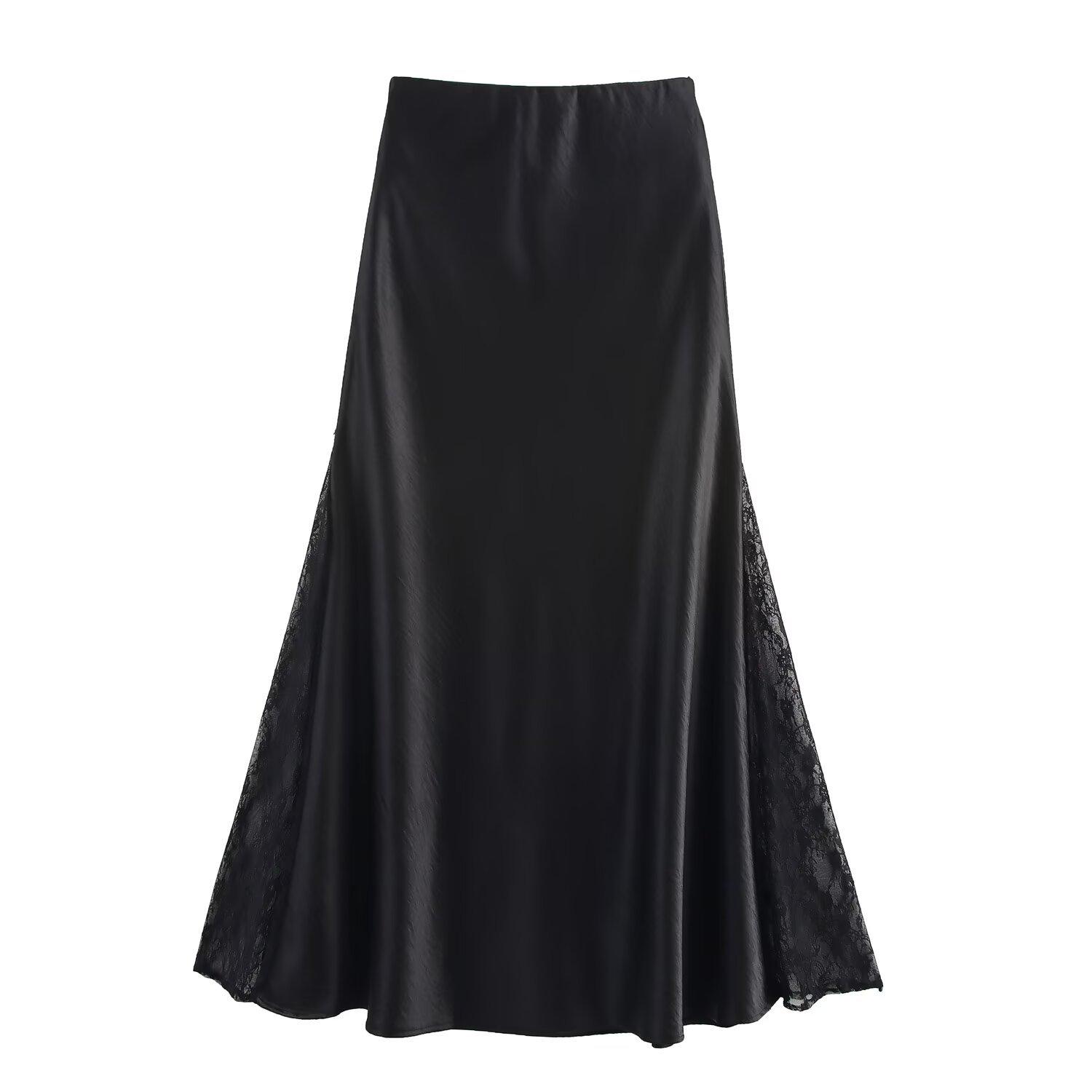 

Весна 2025 Женская юбка миди из атласа с двусторонним кружевом в европейском и американском стиле, с высоким разрезом и отделкой «рыбий хвост» XL чёрный
