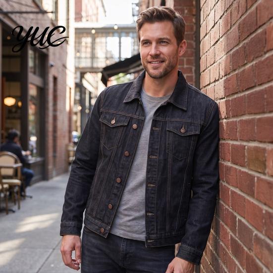 Solid Color Trucker Jacket Men Denim Jacket, Turndown Collar Button-Down Coat, Multi Pocket Retro Motorcycle Style Apparel Casual for Hip Hop