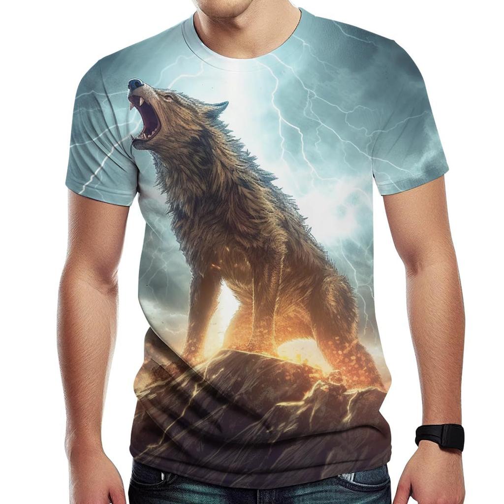 Summer Round Neck 3D Wolf Pattern Print Top Fashionable Casual Short Sleeved Men's T-shirts
