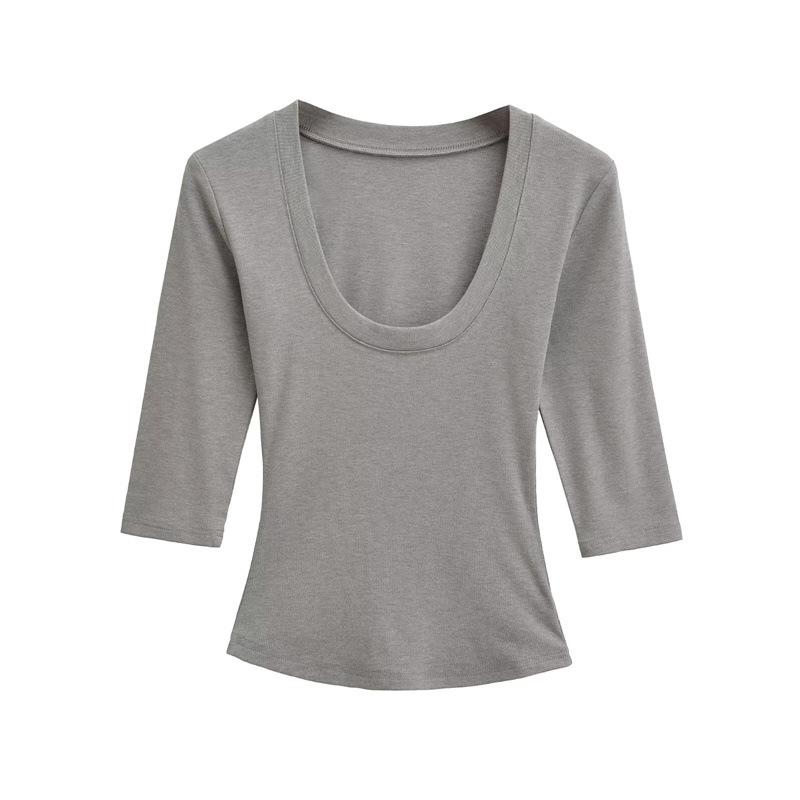 Women's Spicy Girl Deep U-Neck Sexy T-Shirt: Summer Slim-Fit, Elastic Mid-Sleeve, Pure Desire Top