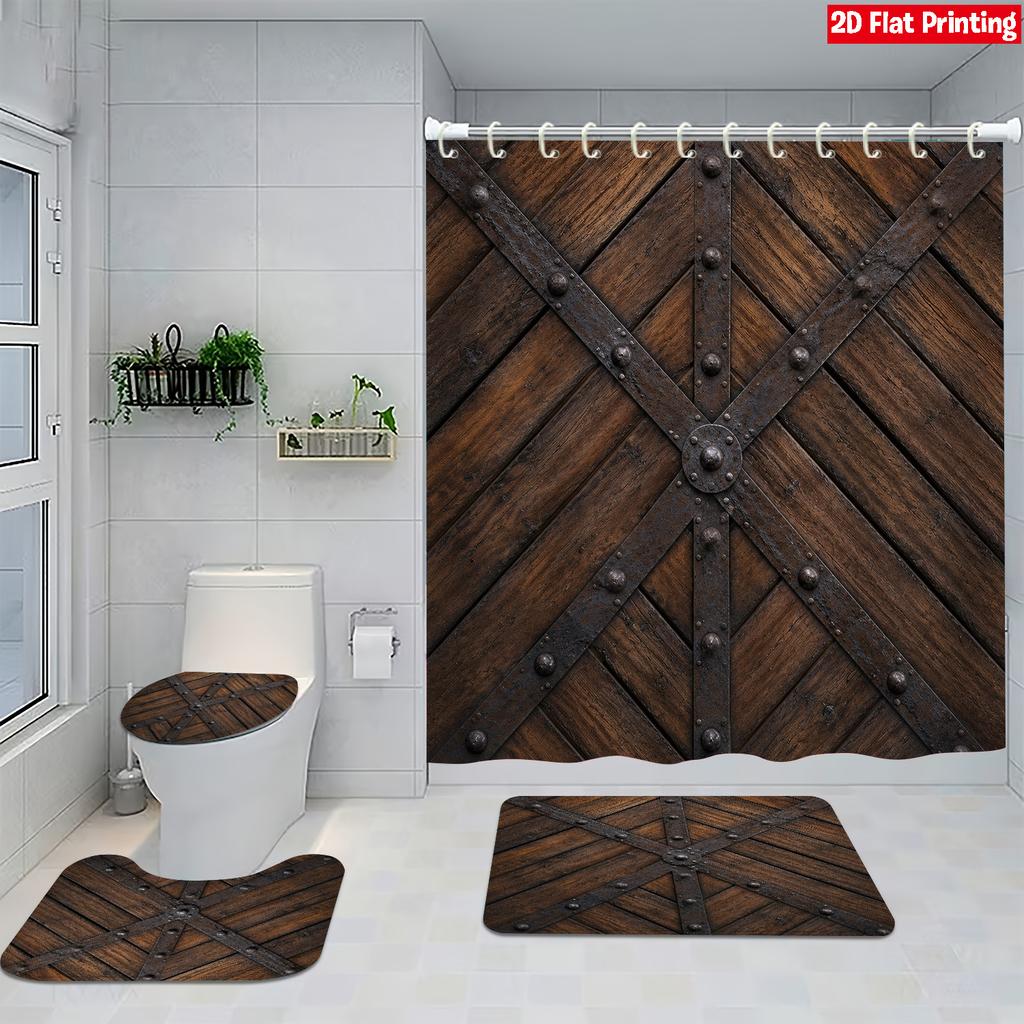 4Pcs Shower Curtain Set with Non-Slip Bath Mat, Toilet Lid Cover, Contour Rug & 12 Hooks, Bathroom