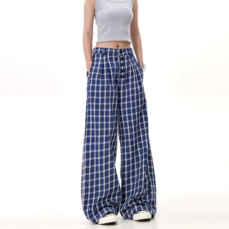 Women's Retro Plaid 2025 Wide-Leg Pants with Button Design, Floor-Length, Zhao Lusi Style