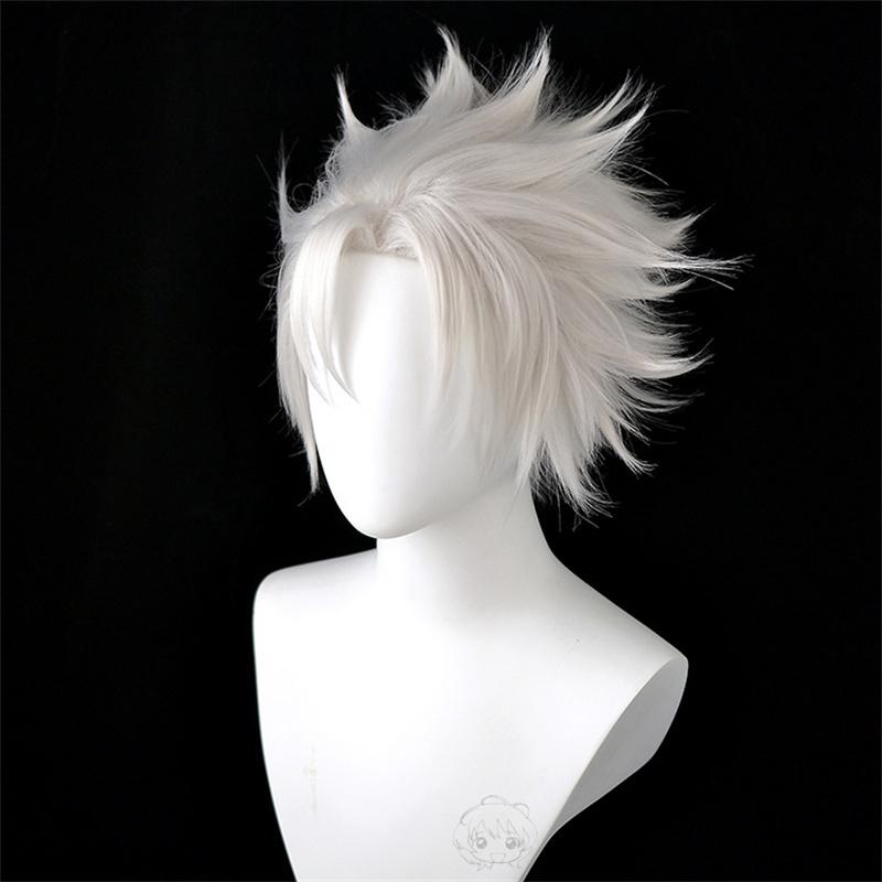 Wysokiej Jakości Peruka Cosplay Shinazugawa Sanemi Stylizowana Krótka Srebrno-Biała Odporna na Ciepło Syntetyczne Włosy Peruki Anime + Czepek pod Perukę