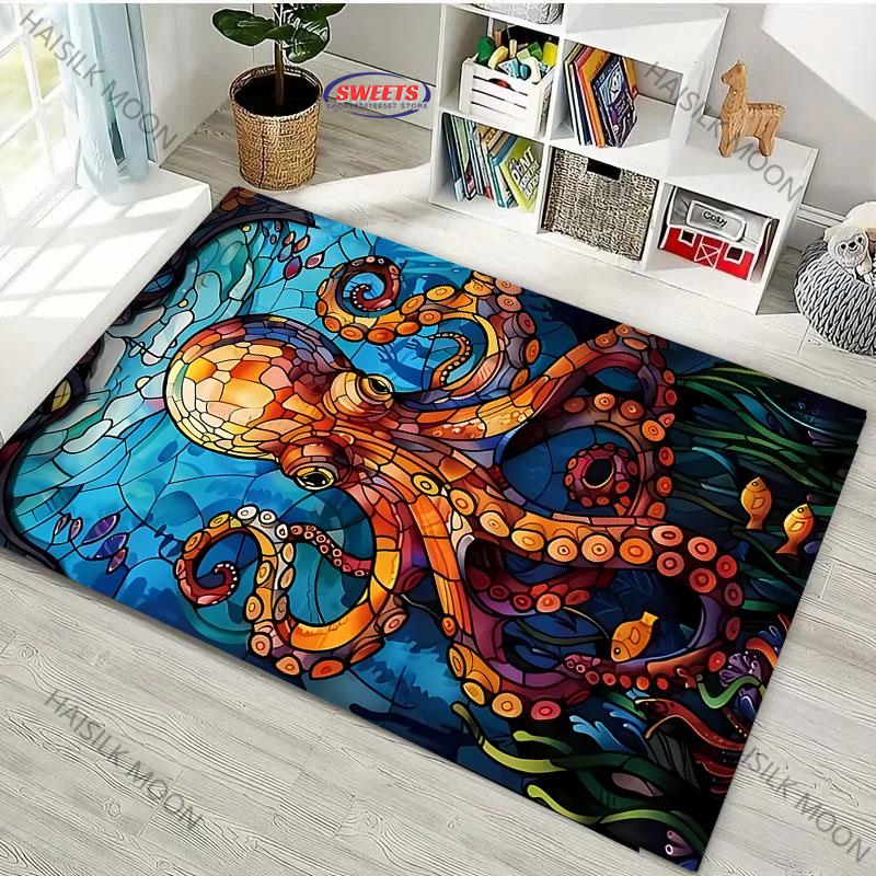 Japanese Octopus Painting Area Rug Non Slip Carpet for Bedroom Living Room Office Unique Floor Mat Home Decor