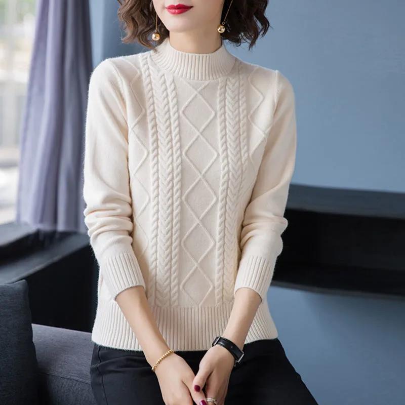 Damen Frühling und Herbst Langarm Casual Pullover Große Größe Einfarbig Vielseitig Schlank Gestrickte Tops