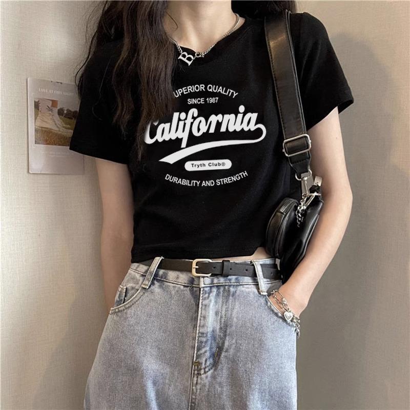 A pure cotton white t-shirt women's design front shoulder short sleeve summer letter print high waist spice top