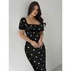 European and American Summer Elegant Simple Pleated Square Collar Fashion Beach Vacation Polka Dot Lace-up Dress