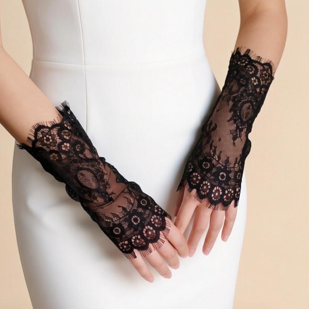 Mesh Fingerless Lace Gloves Pearls Decoration Wedding Gloves Bridal Arm Sleeves  Sun Protection