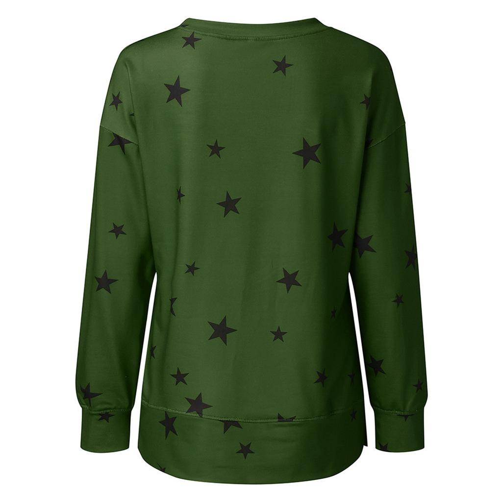 Women Round Neck Long Sleeve Star Print Side Split Pullover Sweatshirt