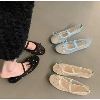 Women's Flat Shoes Mesh Upper Round Head Bow Tie Shoes for Women One Kick Outdoor Daily Commute Rhinestones Zapatillas De Mujer