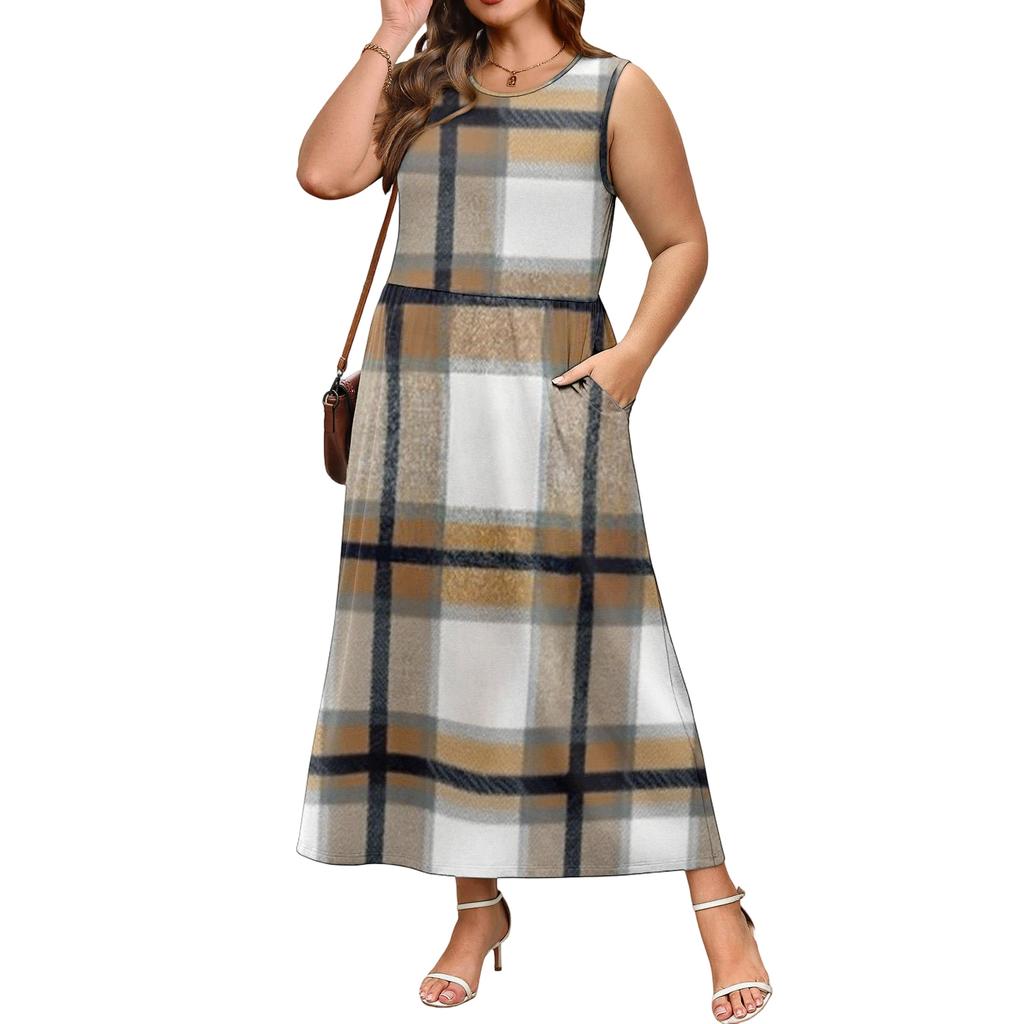 Ladies' Plaid Printed Casual and Fashionable Waist Cinched Sleeveless Dress