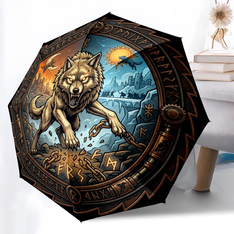 Wolf Breaks Free Pattern Umbrella, Portable and Foldable Design, 8 Ribs, a Casual Accessory for Halloween, Christmas, and Birthday Gifts.
