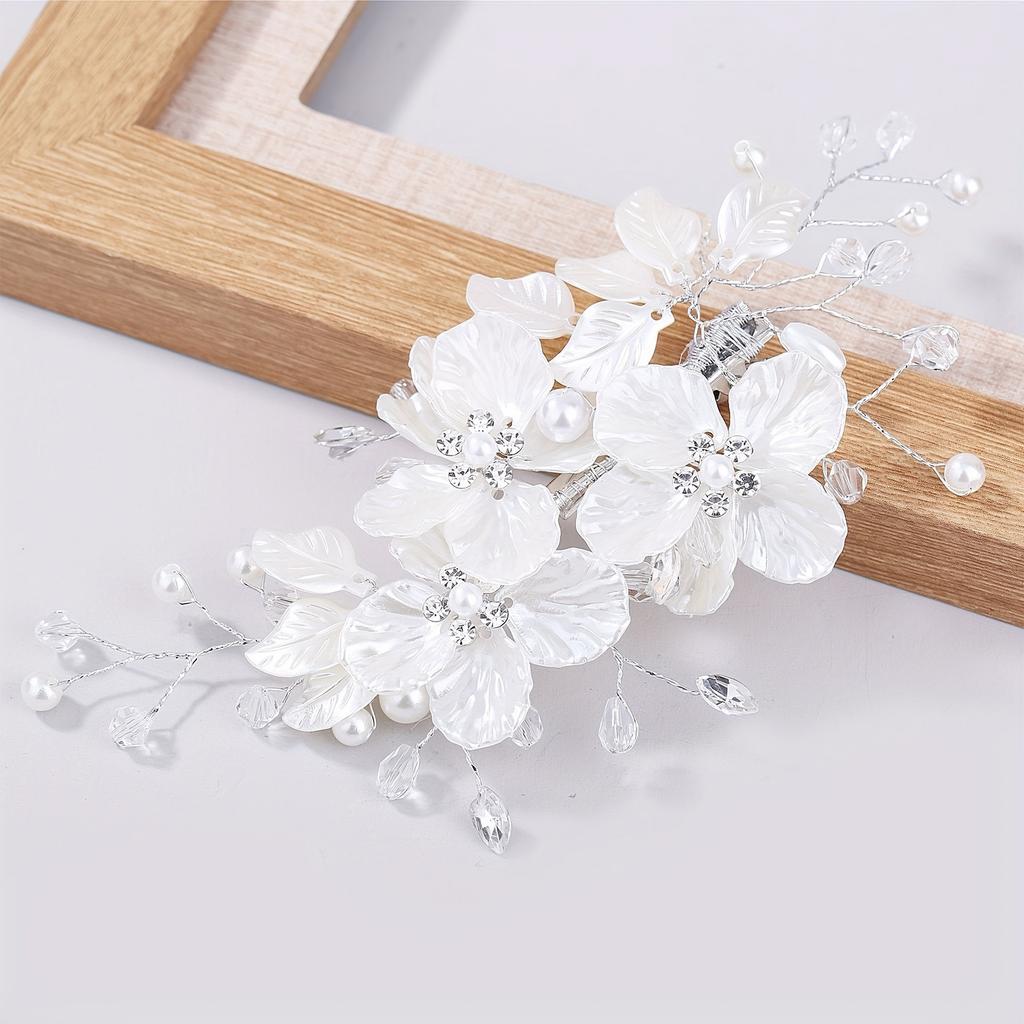 Pinza para el pelo floral de perlas con diseño de concha y detalles de cristal para peinados elegantes, accesorios para ocasiones especiales y uso diario