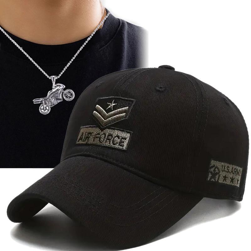 2pcs Men's Baseball Cap Necklace Set Sun Hat Mesh Cap Motorbike Pendant Necklace Fashion Leisure Net Red Camouflage Military Cap
