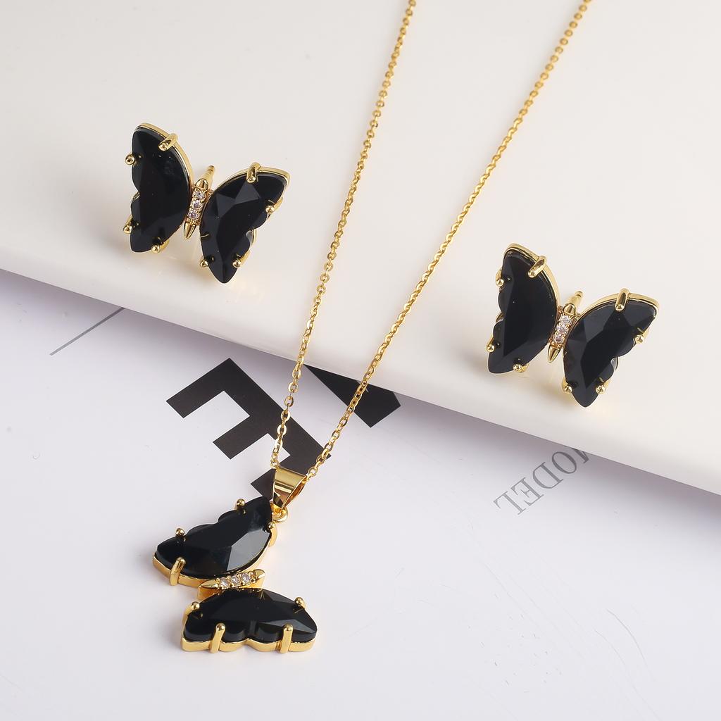 2PC Crystal Transparent Butterfly Pendant Necklace Earrings Jewelry Set Women's Luxury Gold Plated High Quality Gift