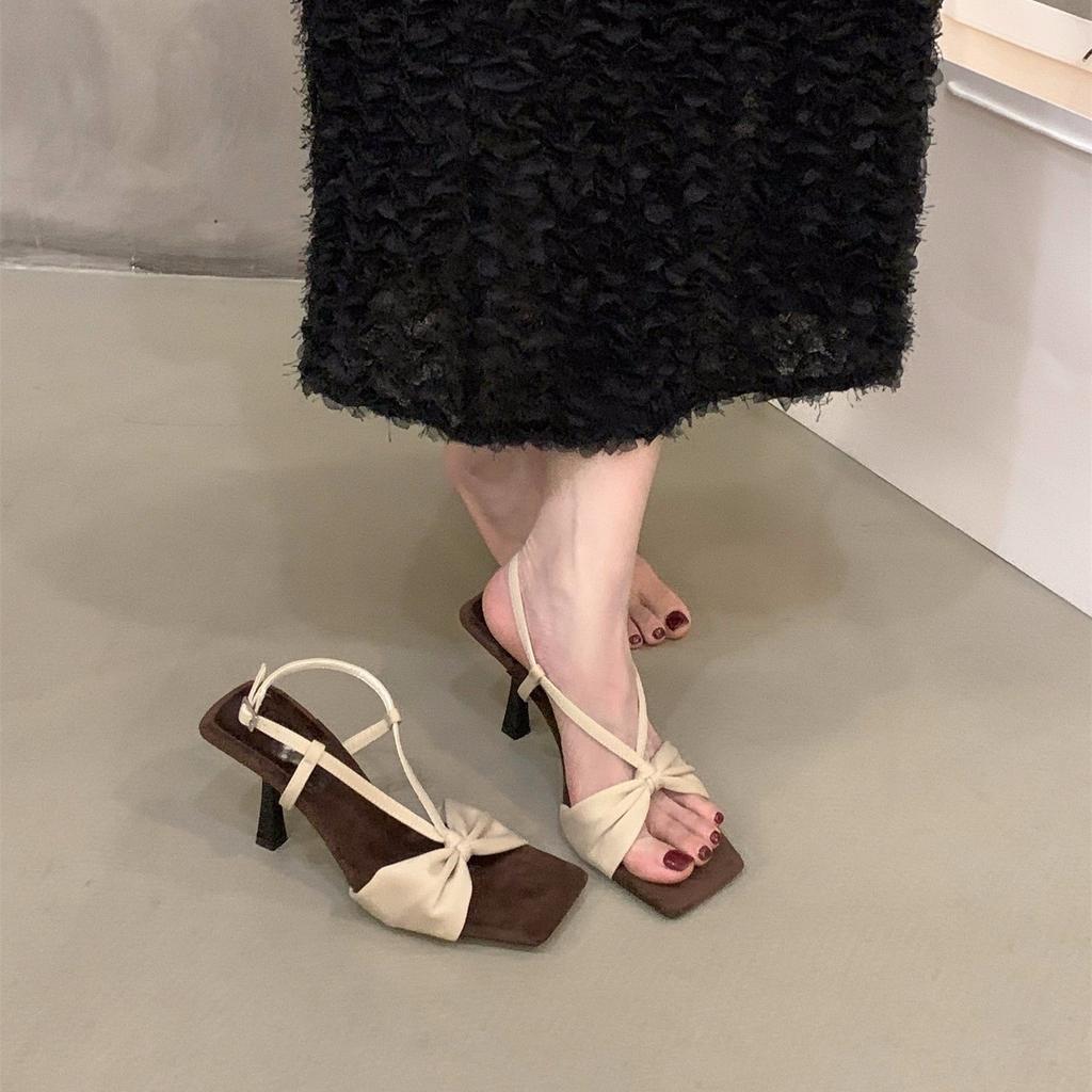 Leopard Print High Heels Bow Word with Sandals Women's Shoes 2025 Summer French with Skirt Thin Strap Roman Shoes