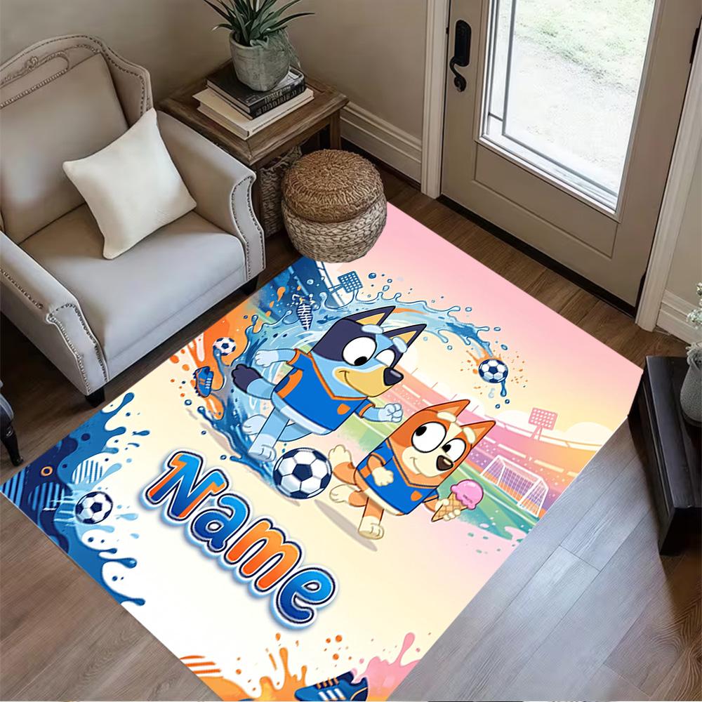Bluey's Soccer Fun Customized Name Floor Mat Perfect for Study room Foyer Decorate room Playrooms Anti-slip Rug Decorate Offices