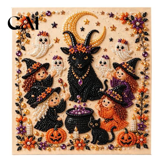 Set Artistico con Perle Finte Kit Fai da Te di Halloween, Set Creativo Ricamo con Perline 3D, Decorazione per la Casa Unica Spaventosa Fantasma Capra Strega Arte da Parete, Stagionale per Adulti, Principianti