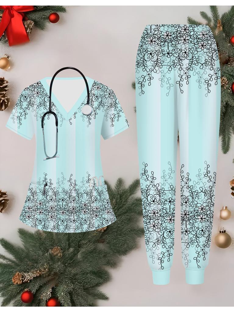 3D Flower Printed Women's Nurse Uniform Set Short Sleeve Long Pants with Pocket Casual Fashionable Christmas Gift