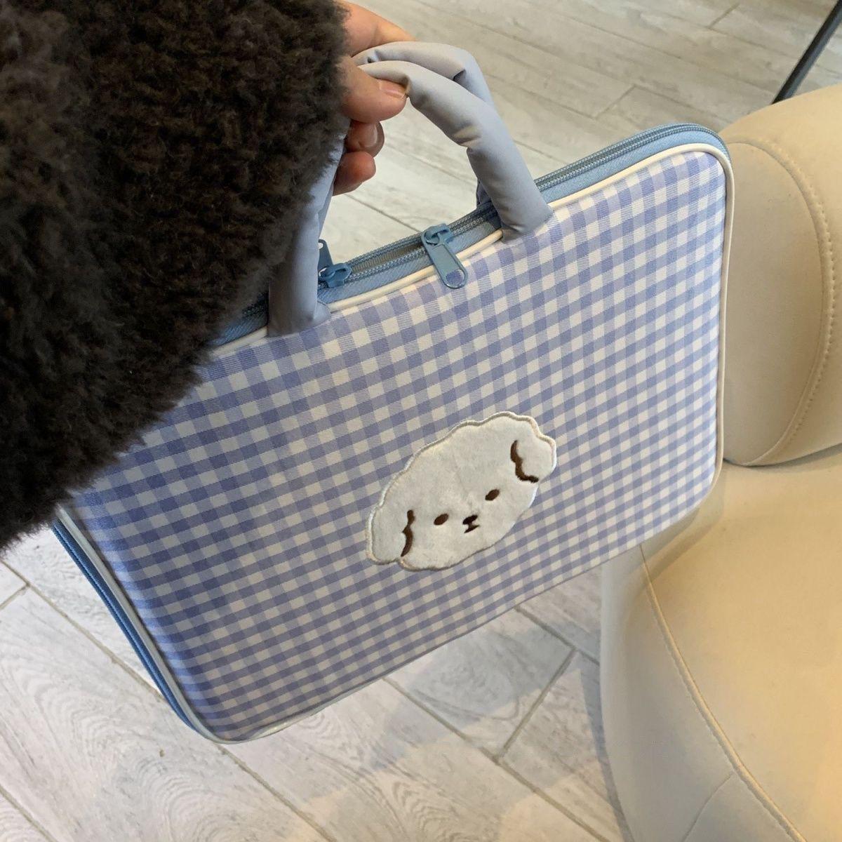 

Korean Style Embroidered Laptop Tote Bag - Shockproof & Cute for Hualian, Apple, Asus Blue Grid White Bear【14 inches】