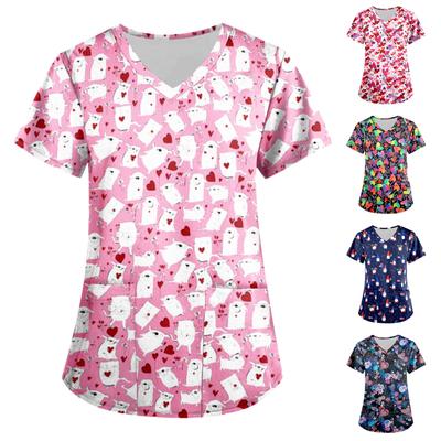 Women's Fashion V-neck Short Sleeve Workwear With Pockets Printed Tops