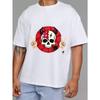 Crewneck T Shirt White Skull with Horns and Peace Signs Red Circle Pattern for Casual Wear
