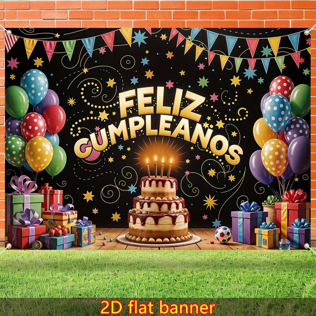 2D Flat Banner, 1 Piece - Spanish Birthday Banner - Colorful Balloons, Flags, Cake and Gift Design