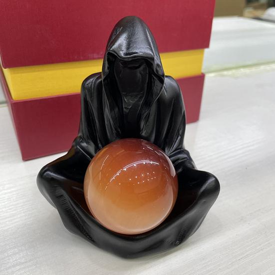 Grim Reaper Statue Gothic Crystal Ball Stand Bookshelf Decor Mysterious Creepy Wizard Robe Sculpture for Halloween Home Decor