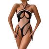 Olayna Sexy Mesh & PU Leather Halter Neck Peach Bodysuit