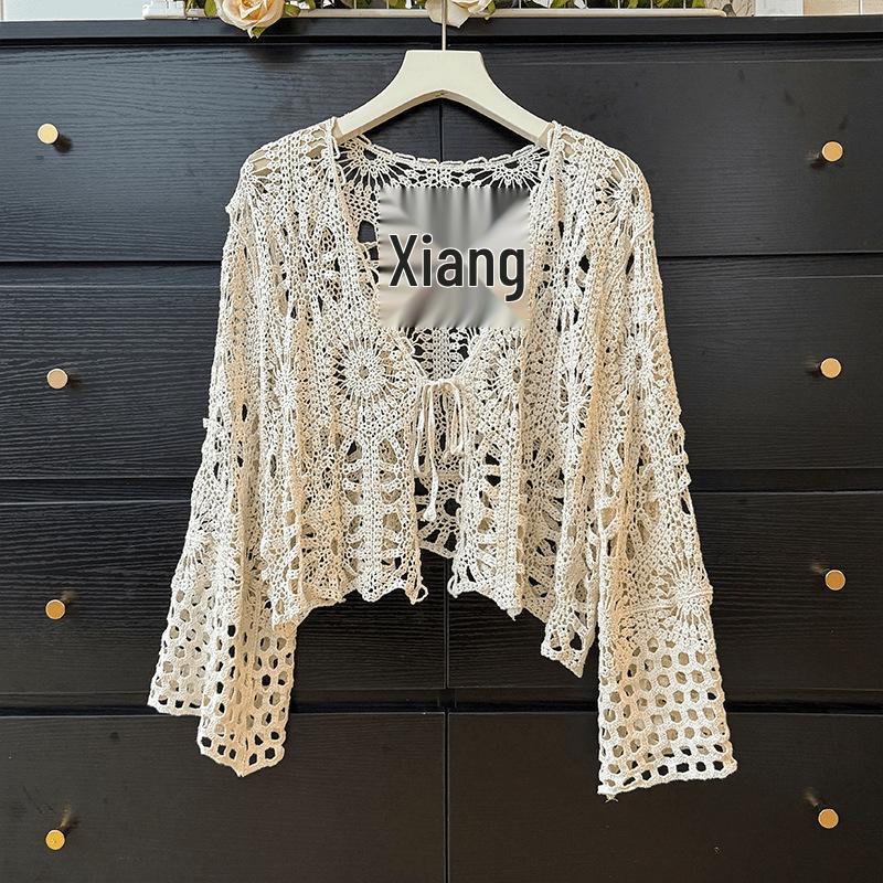 Bohemian Crochet Tie-Up Knit Cardigan - Women's Long Sleeve Sun Protection Top