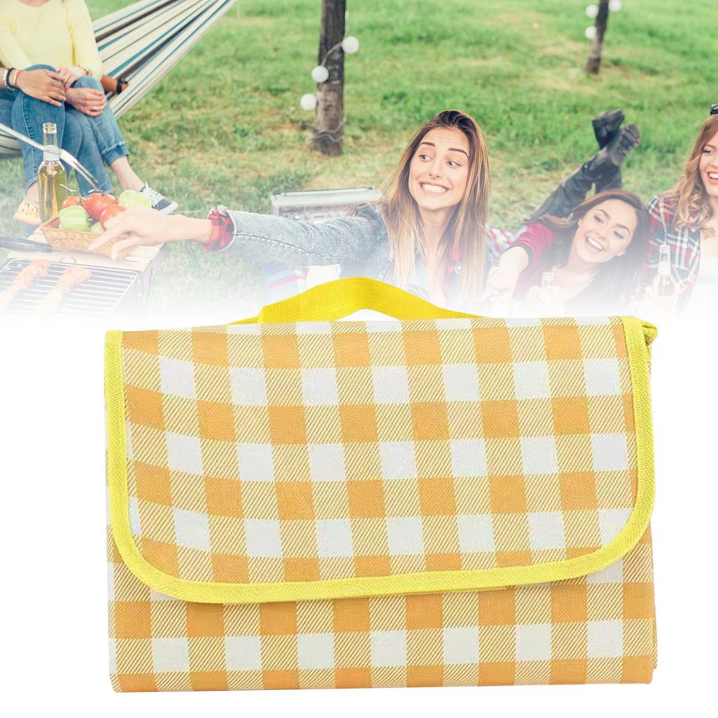 Picnic Blanket Waterproof Damp Proof Thickened Nonwoven Foldable Portable Gingham Picnic Mat for Beach Camping Yellow