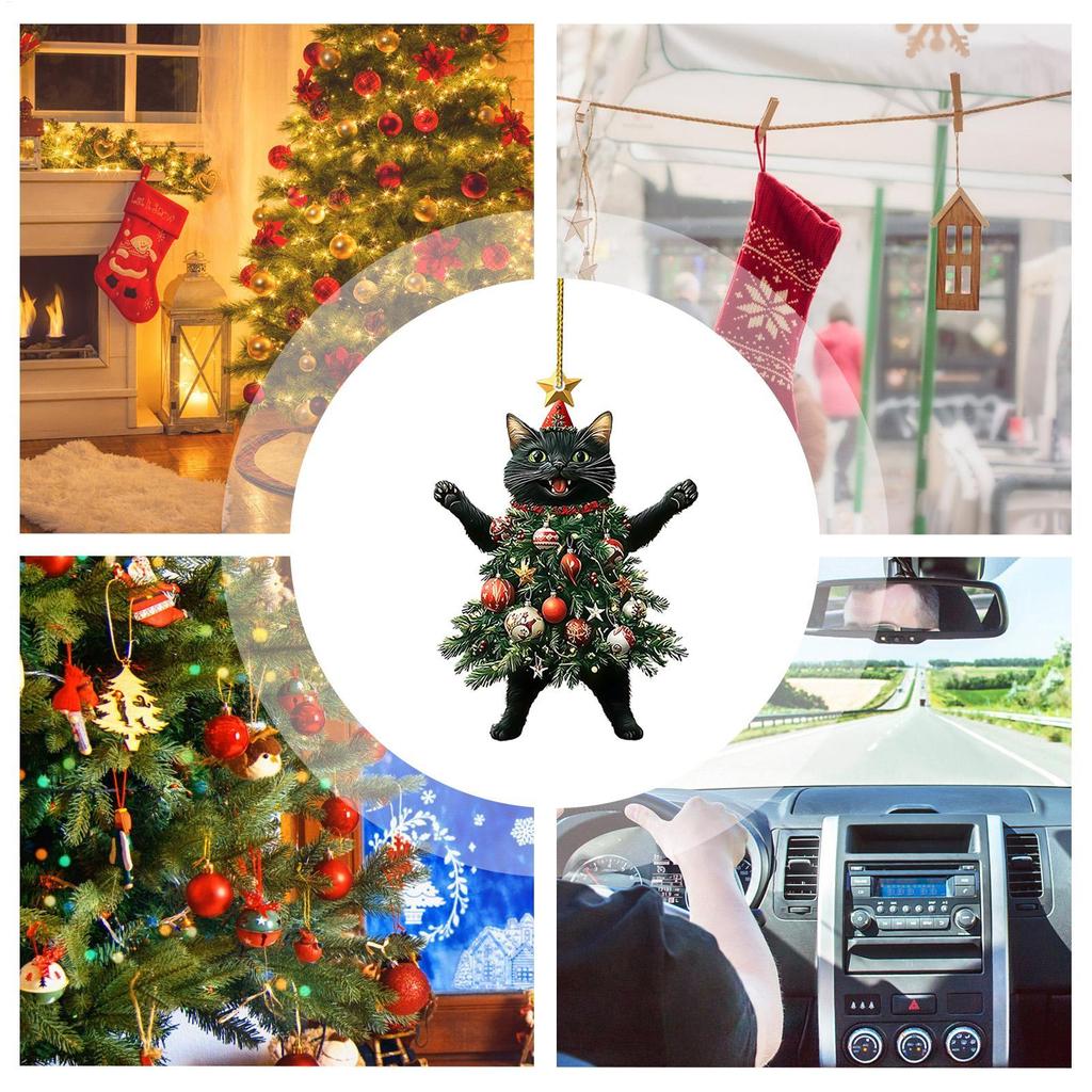 Cat Christmas Ornament 2D Flat Acrylic Festival Tree Kitten Pendant Car Rearview Pendant Decoration Car and Bag Cat Decor