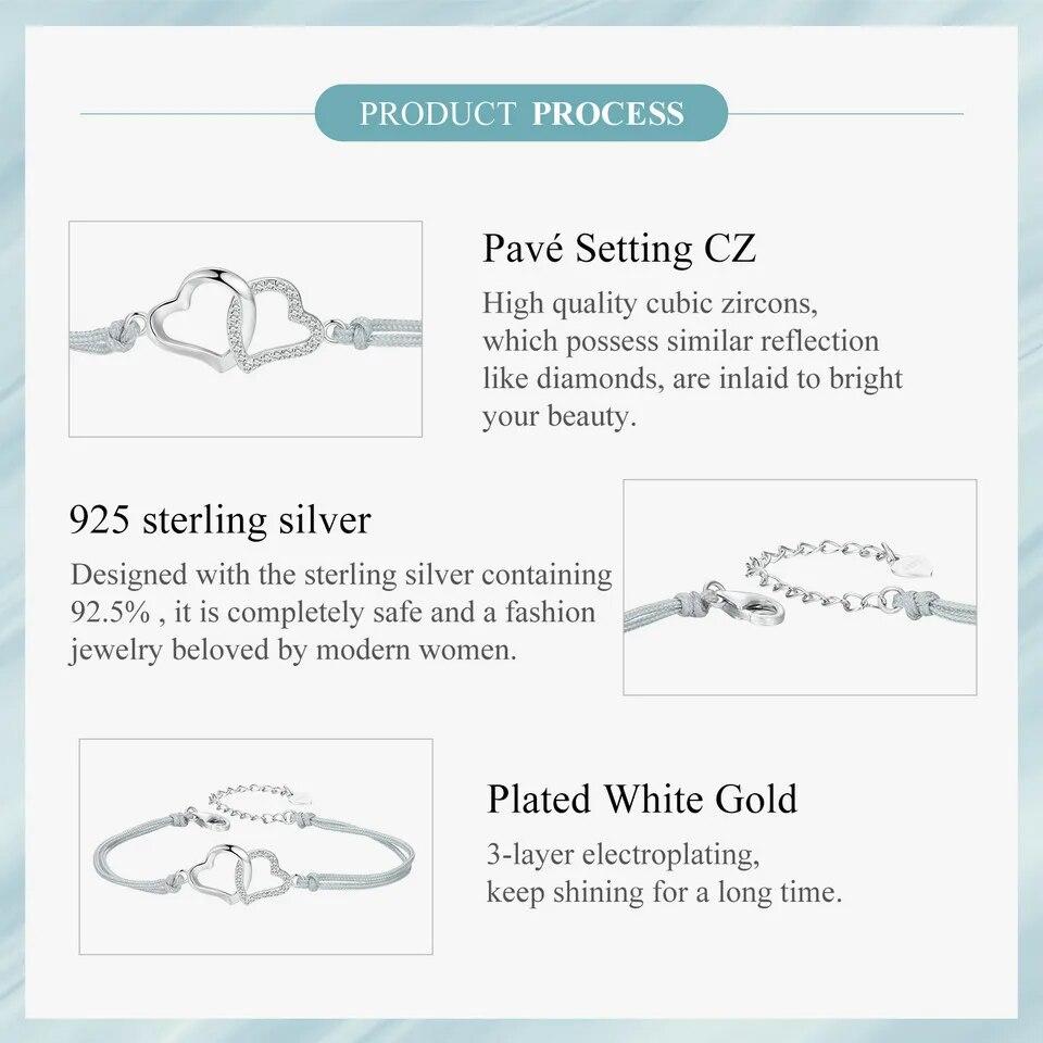 BAMOER Personalized Heart To Heart Bracelet 925 Sterling Silver Dainty Gray Rope Link Chain Bracelet for Women Teen Girls