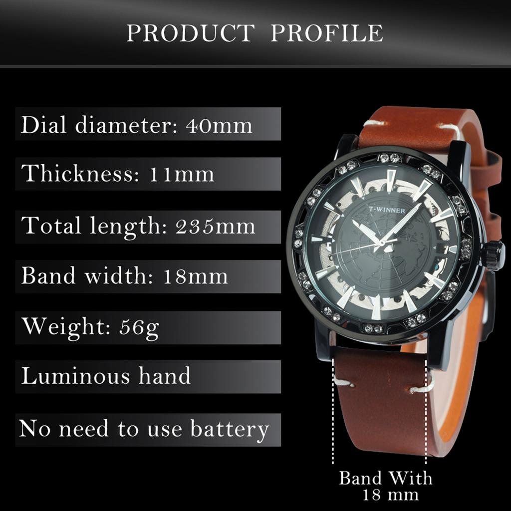 WINNER Classic Iced Out Skeleton Mechanical Watches Luminous Hands Luxury Gold Watch for Men Vintage Brown Leather Strap Clock