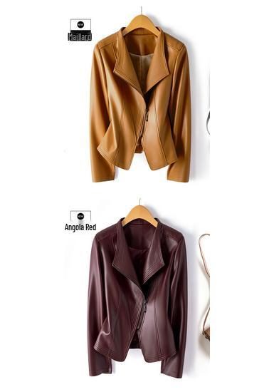 Women's Plus Size Slimming Leather Motorcycle Jacket with Lapel, Multi-color