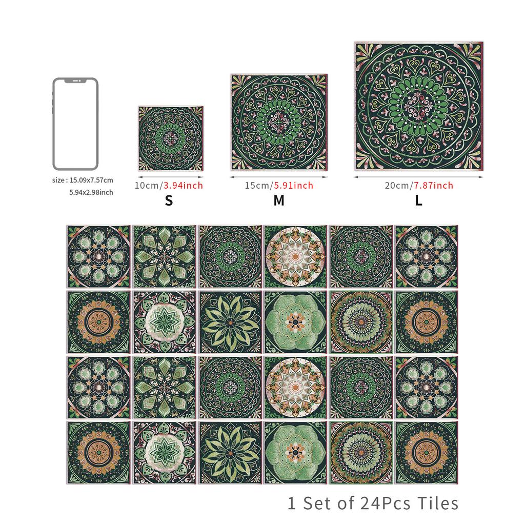 24pcs/Set Decorative Wall Stickers Mandala Flower Tile Stickers PVC Self-Adhesive for Kitchen Living Room Vintage Home Decor Wall Decal