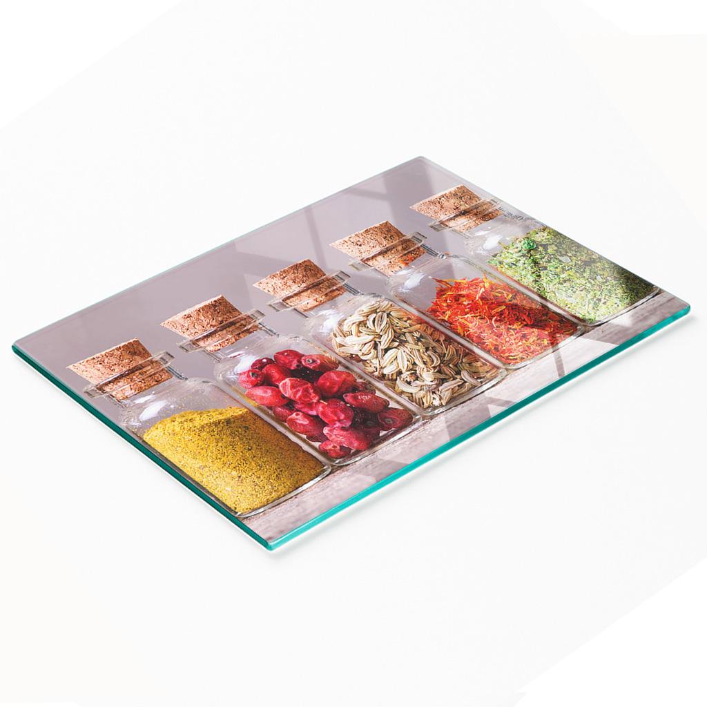 Glass Kitchen Serving Board with Graphics of Colorful Spices 80x52 Cm
